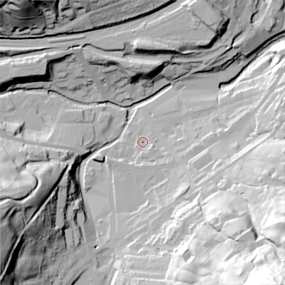 Shaded relief map of the ground around HD76BZ, computed from Environment Agency LiDAR. The ground here sits at about 183 m above sea level and falls 120 m across the surrounding 800 m. Surface water reaching this point runs off ground lying to the south-east, 6.8 m higher.