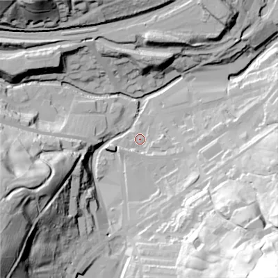 Shaded relief map of the ground around HD76DA, computed from Environment Agency LiDAR. The ground here sits at about 183 m above sea level and falls 122 m across the surrounding 800 m. Surface water reaching this point runs off ground lying to the east-south-east, 6.4 m higher.