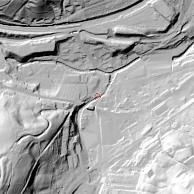 Shaded relief map of the ground around HD76DB, computed from Environment Agency LiDAR. The ground here sits at about 181 m above sea level and falls 103 m across the surrounding 800 m. Surface water reaching this point runs off ground lying to the south-west, 95.6 m higher.