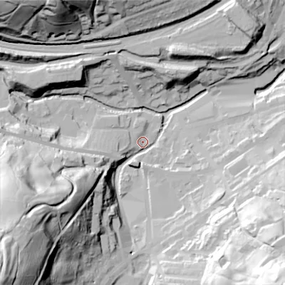 Shaded relief map of the ground around HD76DD, computed from Environment Agency LiDAR. The ground here sits at about 181 m above sea level and falls 103 m across the surrounding 800 m. Surface water reaching this point runs off ground lying to the south-west, 96.0 m higher.