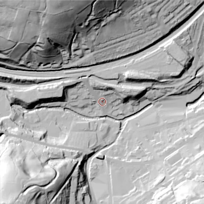 Shaded relief map of the ground around HD76DG, computed from Environment Agency LiDAR. The ground here sits at about 186 m above sea level and falls 99 m across the surrounding 800 m. Surface water reaching this point runs off ground lying to the north, 14.5 m higher.