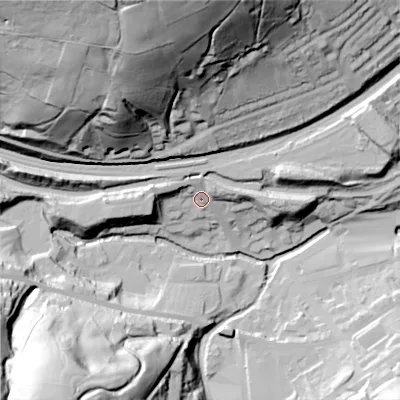 Shaded relief map of the ground around HD76DH, computed from Environment Agency LiDAR. The ground here sits at about 192 m above sea level and falls 106 m across the surrounding 800 m. Surface water reaching this point runs off ground lying to the west, 14.6 m higher.