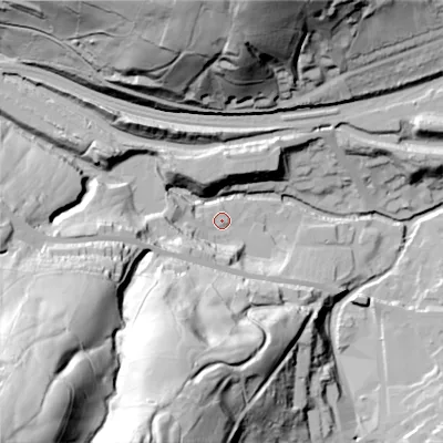 Shaded relief map of the ground around HD76DN, computed from Environment Agency LiDAR. The ground here sits at about 187 m above sea level and falls 117 m across the surrounding 800 m. Surface water reaching this point runs off ground lying to the south-west, 107.3 m higher.