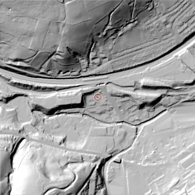 Shaded relief map of the ground around HD76EA, computed from Environment Agency LiDAR. The ground here sits at about 190 m above sea level and falls 102 m across the surrounding 800 m. Surface water reaching this point runs off ground lying to the west, 14.6 m higher.