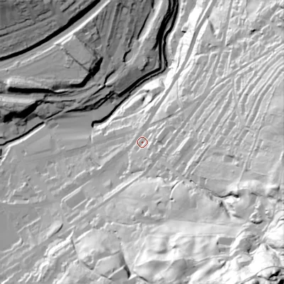 Shaded relief map of the ground around HD76EJ, computed from Environment Agency LiDAR. The ground here sits at about 192 m above sea level and falls 146 m across the surrounding 800 m. Surface water reaching this point runs off ground lying to the east, 63.3 m higher.