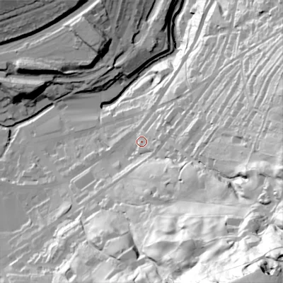 Shaded relief map of the ground around HD76EL, computed from Environment Agency LiDAR. The ground here sits at about 193 m above sea level and falls 156 m across the surrounding 800 m. Surface water reaching this point runs off ground lying to the east, 17.0 m higher.