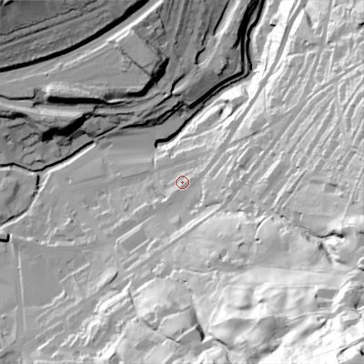 Shaded relief map of the ground around HD76EW, computed from Environment Agency LiDAR. The ground here sits at about 188 m above sea level and falls 155 m across the surrounding 800 m. Surface water reaching this point runs off ground lying to the south-east, 135.5 m higher.