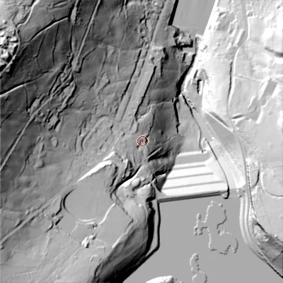 Shaded relief map of the ground around HD76HH, computed from Environment Agency LiDAR. The ground here sits at about 235 m above sea level and falls 132 m across the surrounding 800 m. Surface water reaching this point runs off ground lying to the south-west, 26.4 m higher.