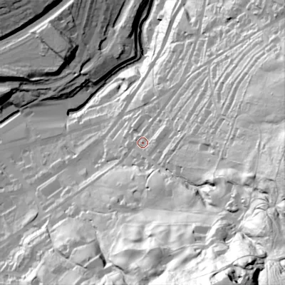 Shaded relief map of the ground around HD76JJ, computed from Environment Agency LiDAR. The ground here sits at about 202 m above sea level and falls 155 m across the surrounding 800 m. Surface water reaching this point runs off ground lying to the south-east, 97.0 m higher.