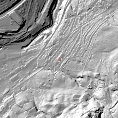 Shaded relief map of the ground around HD76JL, computed from Environment Agency LiDAR. The ground here sits at about 208 m above sea level and falls 154 m across the surrounding 800 m. Surface water reaching this point runs off ground lying to the east-north-east, 10.3 m higher.