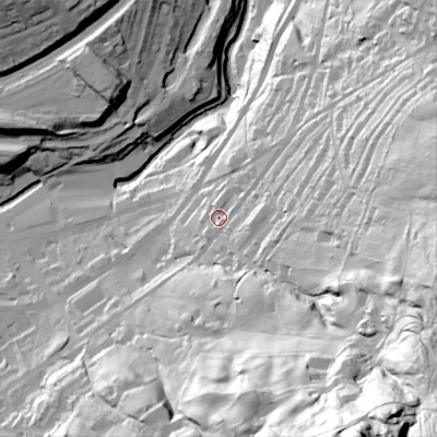 Shaded relief map of the ground around HD76JN, computed from Environment Agency LiDAR. The ground here sits at about 199 m above sea level and falls 152 m across the surrounding 800 m. Surface water reaching this point runs off ground lying to the east, 70.0 m higher.