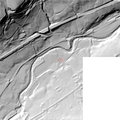 Shaded relief map of the ground around HD76LS, computed from Environment Agency LiDAR. The ground here sits at about 153 m above sea level and falls 121 m across the surrounding 800 m. Surface water reaching this point runs off ground lying to the south-south-east, 51.5 m higher.