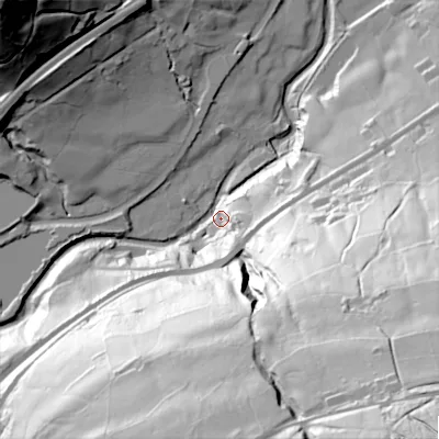 Shaded relief map of the ground around HD76LY, computed from Environment Agency LiDAR. The ground here sits at about 162 m above sea level and falls 135 m across the surrounding 800 m. Surface water reaching this point runs off ground lying to the south-east, 123.8 m higher.