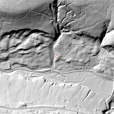 Shaded relief map of the ground around HD76NJ, computed from Environment Agency LiDAR. The ground here sits at about 226 m above sea level and falls 145 m across the surrounding 800 m. Surface water reaching this point runs off ground lying to the north-north-west, 122.6 m higher.