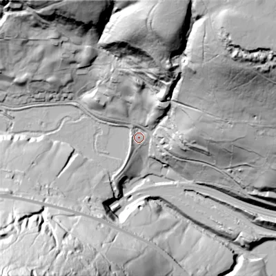 Shaded relief map of the ground around HD76NQ, computed from Environment Agency LiDAR. The ground here sits at about 209 m above sea level and falls 130 m across the surrounding 800 m. Surface water reaching this point runs off ground lying to the west-south-west, 34.6 m higher.