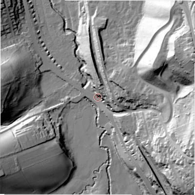 Shaded relief map of the ground around HD80AS, computed from Environment Agency LiDAR. The ground here sits at about 77 m above sea level and falls 77 m across the surrounding 800 m. Surface water reaching this point runs off ground lying to the east-north-east, 25.1 m higher.
