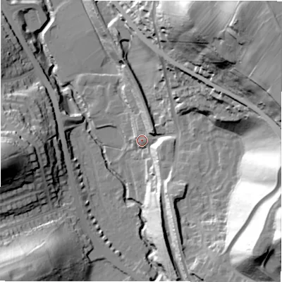 Shaded relief map of the ground around HD80BB, computed from Environment Agency LiDAR. The ground here sits at about 76 m above sea level and falls 82 m across the surrounding 800 m. Surface water reaching this point runs off ground lying to the east-north-east, 67.9 m higher.