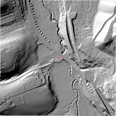 Shaded relief map of the ground around HD80FA, computed from Environment Agency LiDAR. The ground here sits at about 75 m above sea level and falls 69 m across the surrounding 800 m. Surface water reaching this point runs off ground lying to the east-south-east, 46.5 m higher.