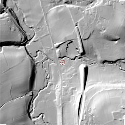 Shaded relief map of the ground around HD80JY, computed from Environment Agency LiDAR. The ground here sits at about 87 m above sea level and falls 67 m across the surrounding 800 m. Surface water reaching this point runs off ground lying to the south-east, 60.2 m higher.