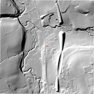 Shaded relief map of the ground around HD80LF, computed from Environment Agency LiDAR. The ground here sits at about 93 m above sea level and falls 67 m across the surrounding 800 m. Surface water reaching this point runs off ground lying to the south-east, 24.1 m higher.
