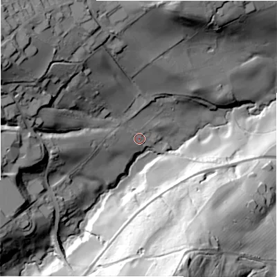 Shaded relief map of the ground around HD80LH, computed from Environment Agency LiDAR. The ground here sits at about 91 m above sea level and falls 82 m across the surrounding 800 m. Surface water reaching this point runs off ground lying to the west-north-west, 50.8 m higher.