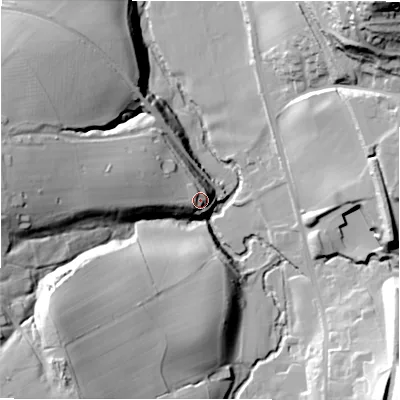 Shaded relief map of the ground around HD80LQ, computed from Environment Agency LiDAR. The ground here sits at about 95 m above sea level and falls 54 m across the surrounding 800 m. Surface water reaching this point runs off ground lying to the west-north-west, 19.2 m higher.