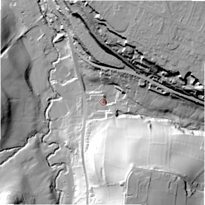 Shaded relief map of the ground around HD80NP, computed from Environment Agency LiDAR. The ground here sits at about 103 m above sea level and falls 64 m across the surrounding 800 m. Surface water reaching this point runs off ground lying to the north-east, 56.4 m higher.