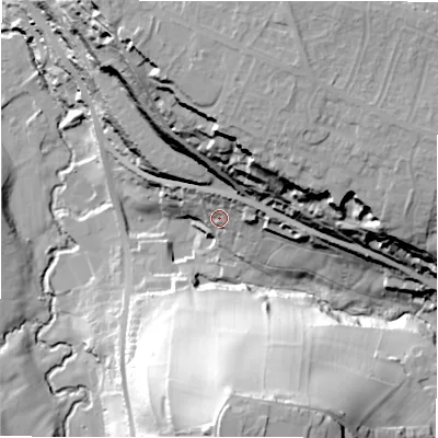 Shaded relief map of the ground around HD80NZ, computed from Environment Agency LiDAR. The ground here sits at about 111 m above sea level and falls 65 m across the surrounding 800 m. Surface water reaching this point runs off ground lying to the north-north-east, 48.2 m higher.