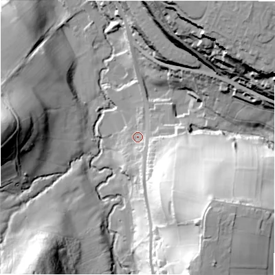 Shaded relief map of the ground around HD80PE, computed from Environment Agency LiDAR. The ground here sits at about 103 m above sea level and falls 63 m across the surrounding 800 m. Surface water reaching this point runs off ground lying to the south-east, 52.2 m higher.