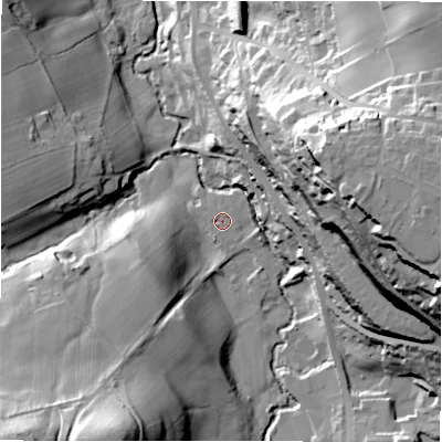 Shaded relief map of the ground around HD80PP, computed from Environment Agency LiDAR. The ground here sits at about 95 m above sea level and falls 68 m across the surrounding 800 m. Surface water reaching this point runs off ground lying to the south-south-west, 2.2 m higher.