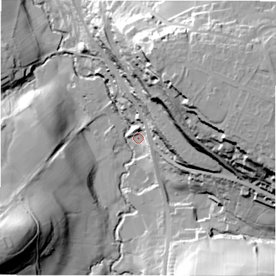 Shaded relief map of the ground around HD80PQ, computed from Environment Agency LiDAR. The ground here sits at about 97 m above sea level and falls 68 m across the surrounding 800 m. Surface water reaching this point runs off ground lying to the east, 25.4 m higher.