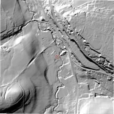 Shaded relief map of the ground around HD80PW, computed from Environment Agency LiDAR. The ground here sits at about 96 m above sea level and falls 67 m across the surrounding 800 m. Surface water reaching this point runs off ground lying to the east-north-east, 62.3 m higher.
