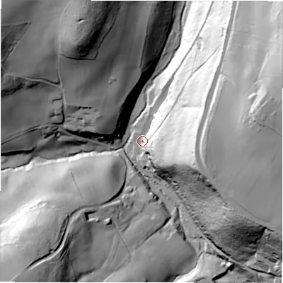 Shaded relief map of the ground around HD80PX, computed from Environment Agency LiDAR. The ground here sits at about 123 m above sea level and falls 75 m across the surrounding 800 m. Surface water reaching this point runs off ground lying to the east, 55.5 m higher.