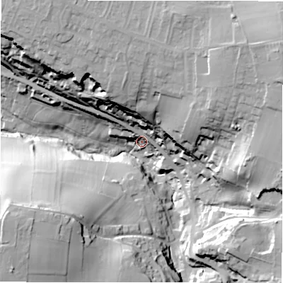 Shaded relief map of the ground around HD80RH, computed from Environment Agency LiDAR. The ground here sits at about 120 m above sea level and falls 62 m across the surrounding 800 m. Surface water reaching this point runs off ground lying to the north, 36.4 m higher.