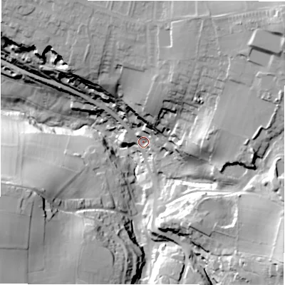 Shaded relief map of the ground around HD80RL, computed from Environment Agency LiDAR. The ground here sits at about 124 m above sea level and falls 68 m across the surrounding 800 m. Surface water reaching this point runs off ground lying to the north-north-east, 38.2 m higher.