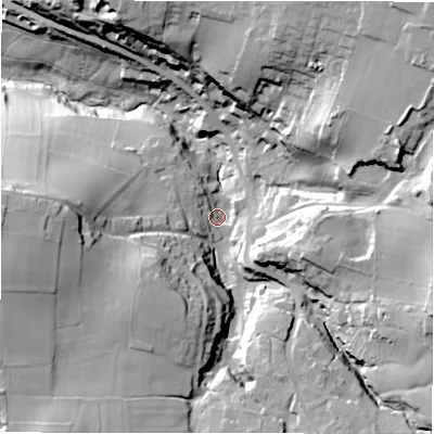Shaded relief map of the ground around HD80RS, computed from Environment Agency LiDAR. The ground here sits at about 122 m above sea level and falls 57 m across the surrounding 800 m. Surface water reaching this point runs off ground lying to the east-south-east, 37.9 m higher.