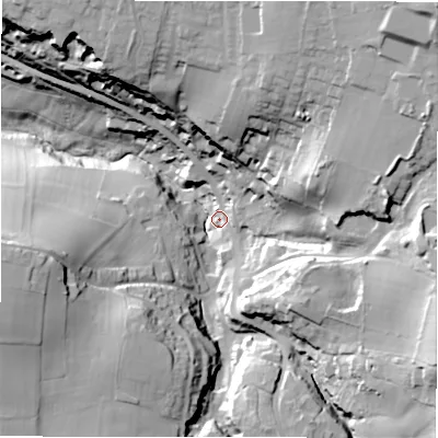 Shaded relief map of the ground around HD80RW, computed from Environment Agency LiDAR. The ground here sits at about 121 m above sea level and falls 68 m across the surrounding 800 m. Surface water reaching this point runs off ground lying to the east-south-east, 48.8 m higher.