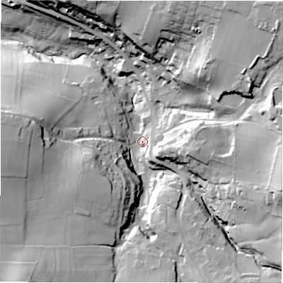 Shaded relief map of the ground around HD80RX, computed from Environment Agency LiDAR. The ground here sits at about 124 m above sea level and falls 59 m across the surrounding 800 m. Surface water reaching this point runs off ground lying to the east-south-east, 41.8 m higher.