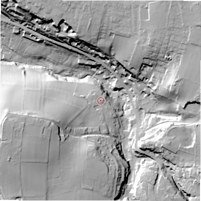 Shaded relief map of the ground around HD80RY, computed from Environment Agency LiDAR. The ground here sits at about 127 m above sea level and falls 61 m across the surrounding 800 m. Surface water reaching this point runs off ground lying to the west-south-west, 19.9 m higher.