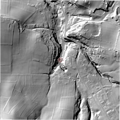 Shaded relief map of the ground around HD80SB, computed from Environment Agency LiDAR. The ground here sits at about 131 m above sea level and falls 58 m across the surrounding 800 m. Surface water reaching this point runs off ground lying to the south-west, 43.1 m higher.