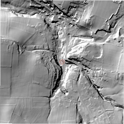 Shaded relief map of the ground around HD80SD, computed from Environment Agency LiDAR. The ground here sits at about 125 m above sea level and falls 60 m across the surrounding 800 m. Surface water reaching this point runs off ground lying to the east, 41.0 m higher.