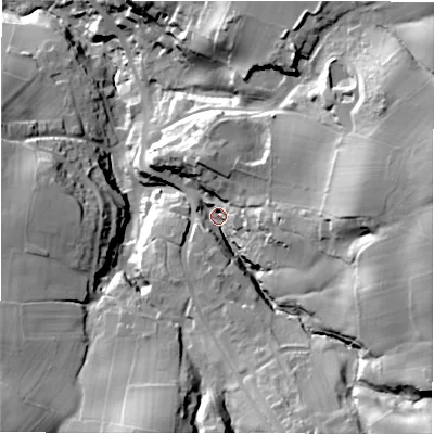 Shaded relief map of the ground around HD80SH, computed from Environment Agency LiDAR. The ground here sits at about 134 m above sea level and falls 66 m across the surrounding 800 m. Surface water reaching this point runs off ground lying to the east, 42.9 m higher.