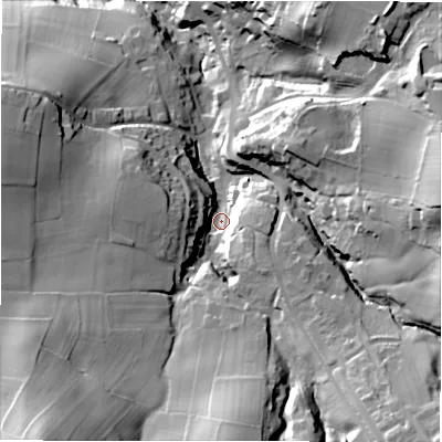 Shaded relief map of the ground around HD80TE, computed from Environment Agency LiDAR. The ground here sits at about 129 m above sea level and falls 61 m across the surrounding 800 m. Surface water reaching this point runs off ground lying to the south-west, 42.2 m higher.