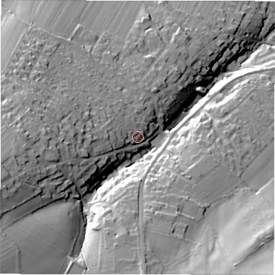Shaded relief map of the ground around HD88AE, computed from Environment Agency LiDAR. The ground here sits at about 208 m above sea level and falls 51 m across the surrounding 800 m. Surface water reaching this point runs off ground lying to the west-south-west, 26.9 m higher.