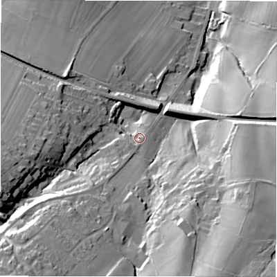 Shaded relief map of the ground around HD88BX, computed from Environment Agency LiDAR. The ground here sits at about 175 m above sea level and falls 58 m across the surrounding 800 m. Surface water reaching this point runs off ground lying to the south-west, 31.7 m higher.
