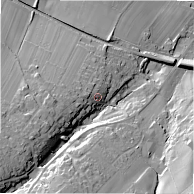Shaded relief map of the ground around HD88DT, computed from Environment Agency LiDAR. The ground here sits at about 189 m above sea level and falls 57 m across the surrounding 800 m. Surface water reaching this point runs off ground lying to the west-south-west, 11.5 m higher.