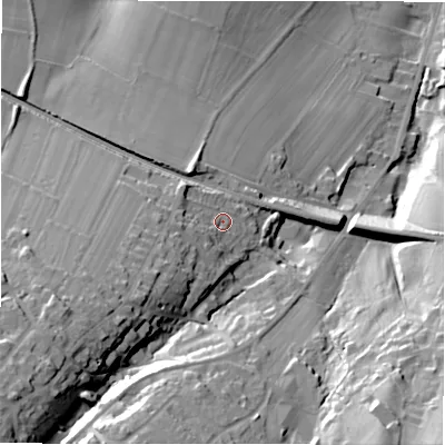 Shaded relief map of the ground around HD88DX, computed from Environment Agency LiDAR. The ground here sits at about 178 m above sea level and falls 57 m across the surrounding 800 m. Surface water reaching this point runs off ground lying to the south-west, 28.4 m higher.