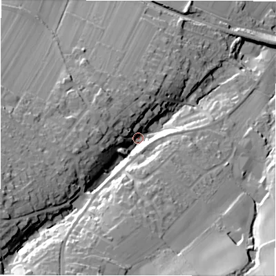 Shaded relief map of the ground around HD88DZ, computed from Environment Agency LiDAR. The ground here sits at about 188 m above sea level and falls 57 m across the surrounding 800 m. Surface water reaching this point runs off ground lying to the south-west, 34.5 m higher.