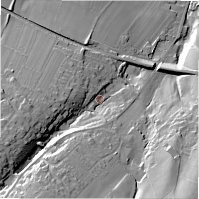 Shaded relief map of the ground around HD88ED, computed from Environment Agency LiDAR. The ground here sits at about 179 m above sea level and falls 60 m across the surrounding 800 m. Surface water reaching this point runs off ground lying to the south-west, 31.6 m higher.