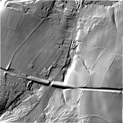 Shaded relief map of the ground around HD88EL, computed from Environment Agency LiDAR. The ground here sits at about 159 m above sea level and falls 50 m across the surrounding 800 m. Surface water reaching this point runs off ground lying to the south-south-west, 18.1 m higher.